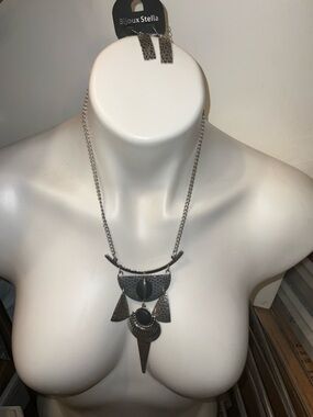 Bijoux Stella Silver Black Hammer Statement Layered Necklace Earring SET NEW